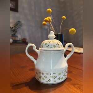 White and green floral sugar bowl with lid